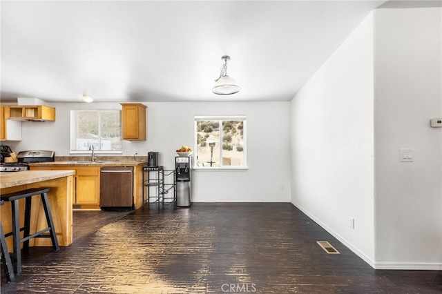 41605 De Portola Rd, Temecula, CA 92592 - kitchen featuring stainless steel appliances, dark wood finished floors, hanging light fixtures, and light countertops