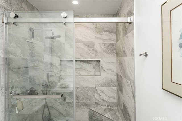 8009 E Eucalyptus Trl, Orange, CA 92869 - bathroom featuring a shower stall and recessed lighting