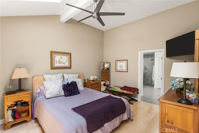 8009 E Eucalyptus Trl, Orange, CA 92869 - bedroom featuring light wood-style floors, beamed ceiling, ensuite bathroom, a ceiling fan, and high vaulted ceiling