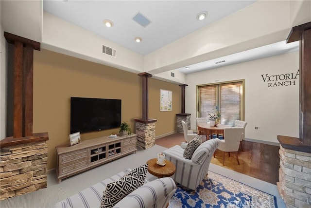 1708 Victoria Way, San Marcos, CA 92069 - living area with ornate columns, wood finished floors, and recessed lighting