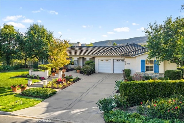 1708 Victoria Way, San Marcos, CA 92069 - view of front of home with stucco siding, an attached garage, a front yard, concrete driveway, and a chimney