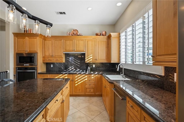 1708 Victoria Way, San Marcos, CA 92069 - kitchen featuring stainless steel appliances, decorative backsplash, dark stone countertops, light tile patterned floors, and recessed lighting