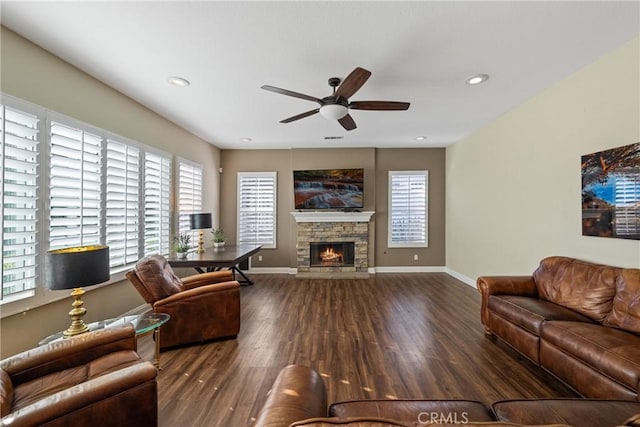 1708 Victoria Way, San Marcos, CA 92069 - living room featuring wood finished floors, a ceiling fan, a fireplace, and recessed lighting