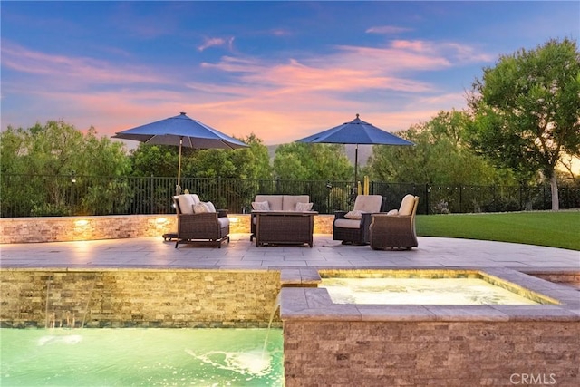 1708 Victoria Way, San Marcos, CA 92069 - view of patio / terrace with an outdoor hangout area and an in-ground hot tub