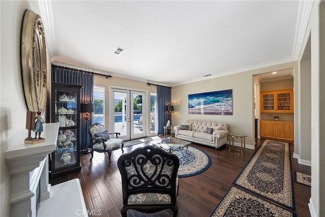 1708 Victoria Way, San Marcos, CA 92069 - living room featuring french doors, ornamental molding, and wood finished floors