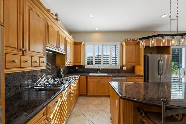 1708 Victoria Way, San Marcos, CA 92069 - kitchen featuring stainless steel appliances, light tile patterned flooring, tasteful backsplash, recessed lighting, and dark stone counters