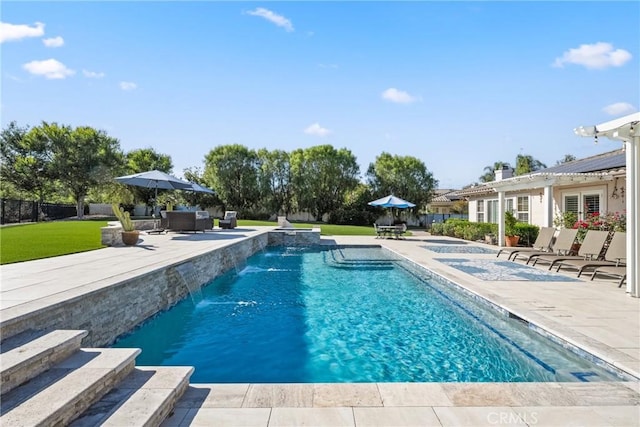 1708 Victoria Way, San Marcos, CA 92069 - outdoor pool featuring a patio, a pergola, a hot tub, and an outdoor living space