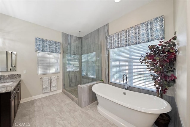 1708 Victoria Way, San Marcos, CA 92069 - bathroom with a stall shower, vanity, and a freestanding bath