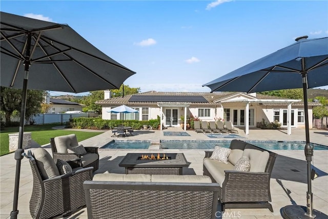 1708 Victoria Way, San Marcos, CA 92069 - outdoor pool featuring french doors, an outdoor living space with a fire pit, a patio, and outdoor dining space
