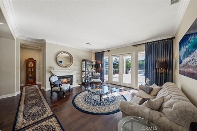 1708 Victoria Way, San Marcos, CA 92069 - living area featuring wood finished floors, french doors, a glass covered fireplace, and ornamental molding