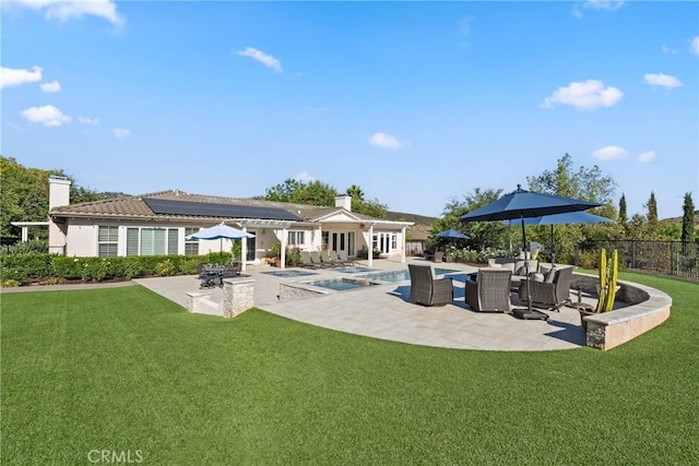 1708 Victoria Way, San Marcos, CA 92069 - rear view of house with a chimney, a patio area, an outdoor pool, an outdoor living space, and a tile roof