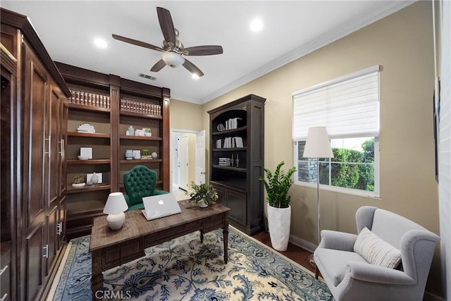 1708 Victoria Way, San Marcos, CA 92069 - office area featuring ceiling fan, wood finished floors, crown molding, and recessed lighting