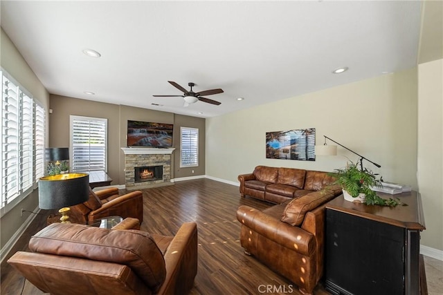 1708 Victoria Way, San Marcos, CA 92069 - living room with a ceiling fan, a stone fireplace, wood finished floors, and recessed lighting