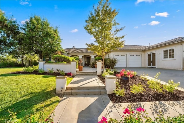 1708 Victoria Way, San Marcos, CA 92069 - view of front of house featuring a garage, concrete driveway, a front yard, stucco siding, and a tile roof