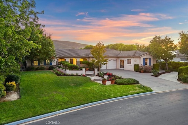 1708 Victoria Way, San Marcos, CA 92069 - ranch-style house with a tiled roof, an attached garage, driveway, a front lawn, and stucco siding