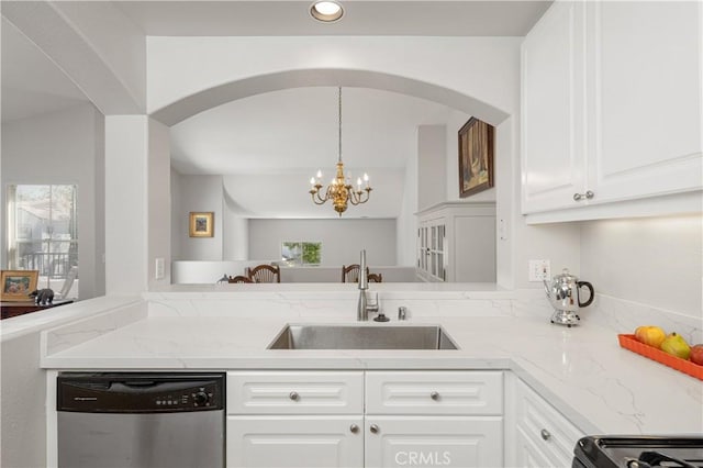 8 Diamant Way, Aliso Viejo, CA 92656 - kitchen with dishwasher, arched walkways, a chandelier, white cabinetry, and recessed lighting