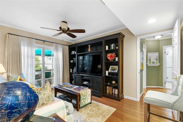 4328 Sunset Ave, Montrose, CA 91020 - living room featuring ceiling fan, wood finished floors, and ornamental molding