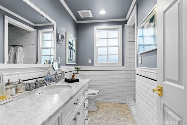 4328 Sunset Ave, Montrose, CA 91020 - bathroom with vanity, wainscoting, tile patterned flooring, ornamental molding, and curtained shower