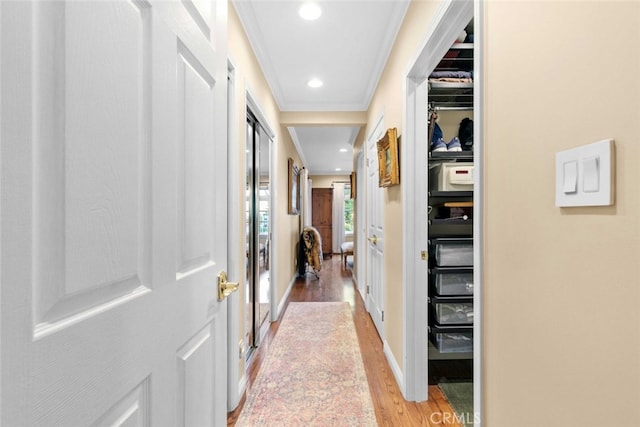 4328 Sunset Ave, Montrose, CA 91020 - corridor with light wood-style floors, ornamental molding, and recessed lighting