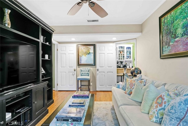 4328 Sunset Ave, Montrose, CA 91020 - living room with a ceiling fan, wood finished floors, and recessed lighting