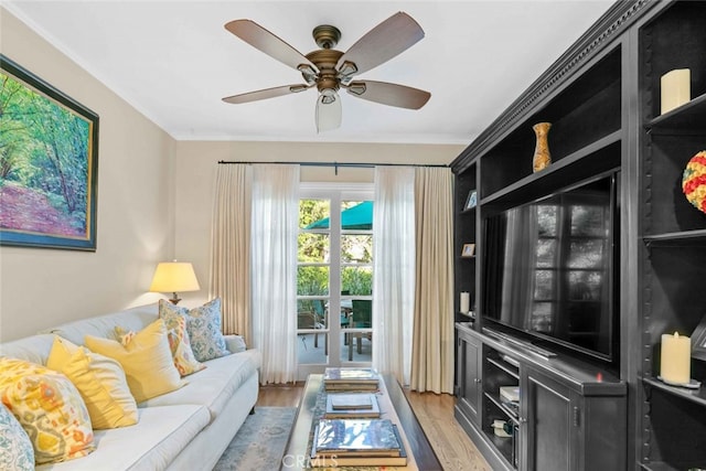 4328 Sunset Ave, Montrose, CA 91020 - living room featuring wood finished floors, ceiling fan, and crown molding