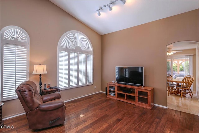20325 Tamara Pl, Santa Clarita, CA 91350 - living area featuring rail lighting, hardwood / wood-style flooring, a ceiling fan, and vaulted ceiling