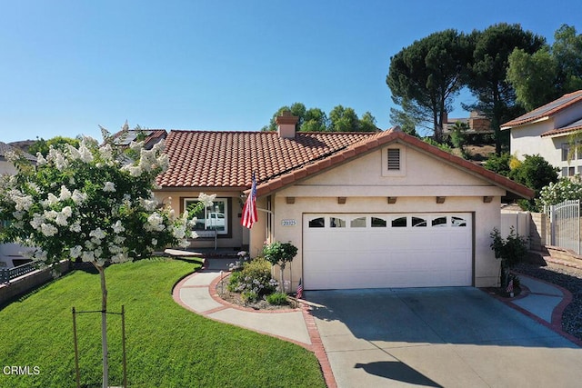 20325 Tamara Pl, Santa Clarita, CA 91350 - mediterranean / spanish-style home with a tiled roof, a chimney, stucco siding, driveway, and an attached garage
