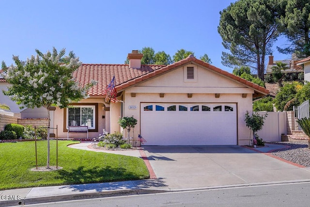 20325 Tamara Pl, Santa Clarita, CA 91350 - view of front of property with a tiled roof, a chimney, an attached garage, stucco siding, and driveway