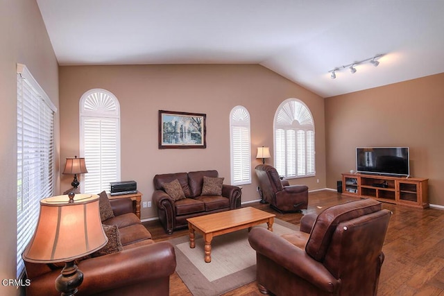 20325 Tamara Pl, Santa Clarita, CA 91350 - living room with vaulted ceiling, wood finished floors, and rail lighting