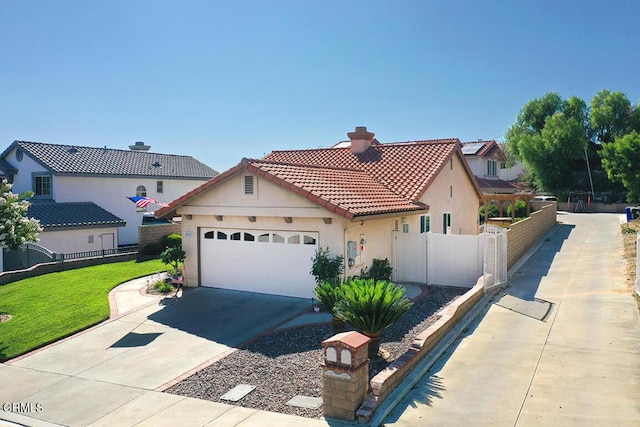 20325 Tamara Pl, Santa Clarita, CA 91350 - mediterranean / spanish-style house featuring concrete driveway, a chimney, a garage, stucco siding, and a tile roof