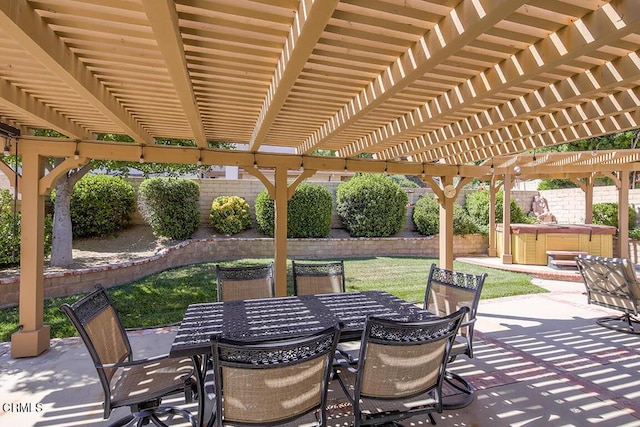 20325 Tamara Pl, Santa Clarita, CA 91350 - fenced backyard with a hot tub, a patio area, outdoor dining space, and a pergola