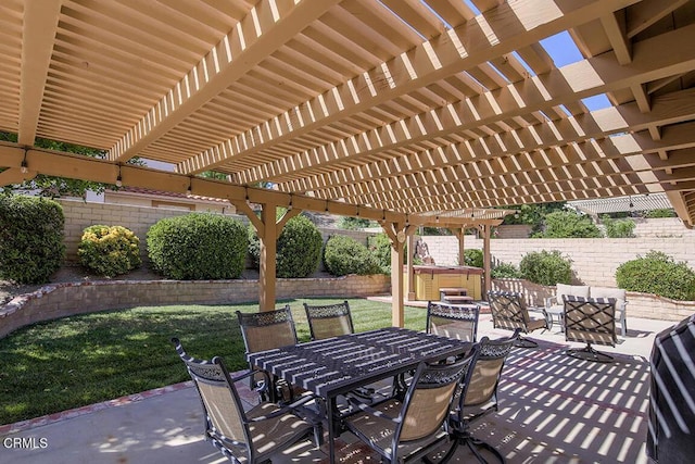 20325 Tamara Pl, Santa Clarita, CA 91350 - fenced backyard featuring a hot tub, a patio, and outdoor dining area