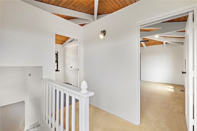 490 Agate, Laguna Beach, CA 92651 - hall with an upstairs landing, wooden ceiling, and carpet flooring