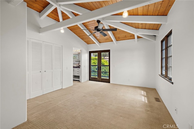 490 Agate, Laguna Beach, CA 92651 - unfurnished bedroom featuring french doors, wooden ceiling, carpet floors, access to outside, and a closet