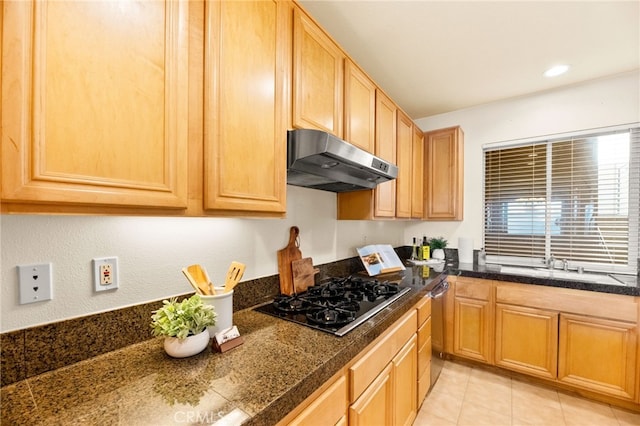 4025 Canario St Unit 142, Carlsbad, CA 92008 - kitchen featuring exhaust hood, black gas cooktop, tile counters, and light brown cabinets