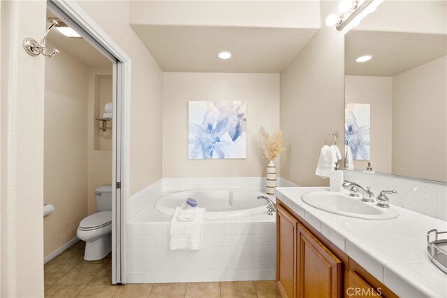 4025 Canario St Unit 142, Carlsbad, CA 92008 - bathroom with a garden tub, tile patterned flooring, double vanity, and recessed lighting