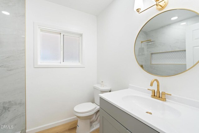 341 1st St, Fillmore, CA 93015 - bathroom with vanity, a shower, wood finished floors, and recessed lighting