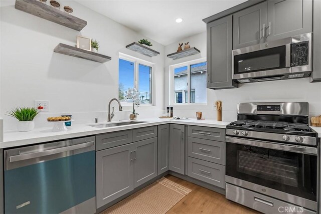 433 N Buena Vista St, Burbank, CA 91505 - kitchen with appliances with stainless steel finishes, gray cabinets, open shelves, light wood-style floors, and light countertops