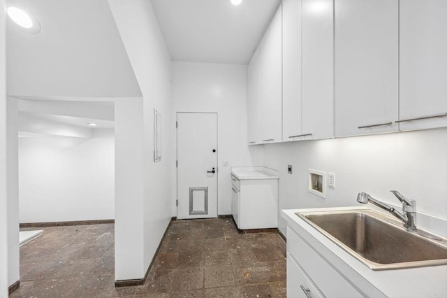 1716 Ocean Front, Del Mar, CA 92014 - laundry room featuring electric dryer hookup, cabinet space, washer hookup, recessed lighting, and dark stone finish flooring