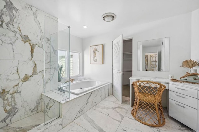 1716 Ocean Front, Del Mar, CA 92014 - full bath featuring marble tiled floors, a garden tub, a marble finish shower, and vanity