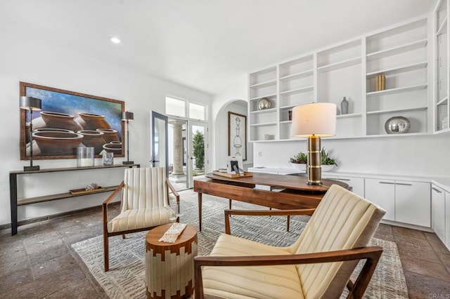 1716 Ocean Front, Del Mar, CA 92014 - office with arched walkways, built in shelves, recessed lighting, and stone tile floors