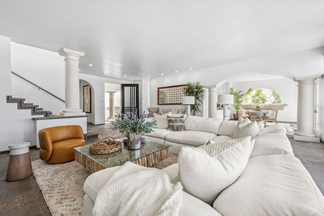 1716 Ocean Front, Del Mar, CA 92014 - living room featuring ornate columns, arched walkways, recessed lighting, and stairs