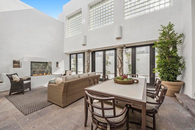 1716 Ocean Front, Del Mar, CA 92014 - view of patio featuring an outdoor living space with a fireplace and outdoor dining space