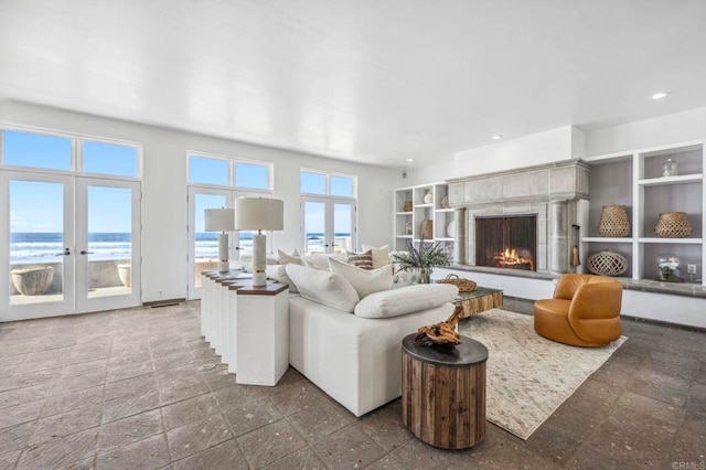 1716 Ocean Front, Del Mar, CA 92014 - living room featuring french doors, recessed lighting, and a fireplace