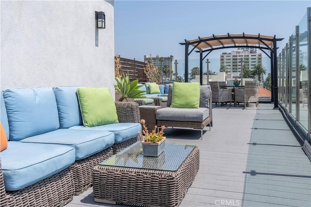 901 Ocean Ave, Santa Monica, CA 90403 - view of patio featuring an outdoor hangout area, a pergola, outdoor dining area, and a view of city