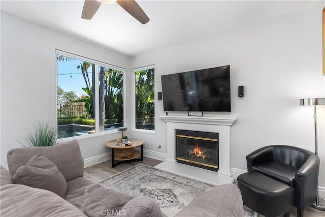 34 Key Largo, Aliso Viejo, CA 92656 - living area featuring ceiling fan, wood finished floors, and a glass covered fireplace