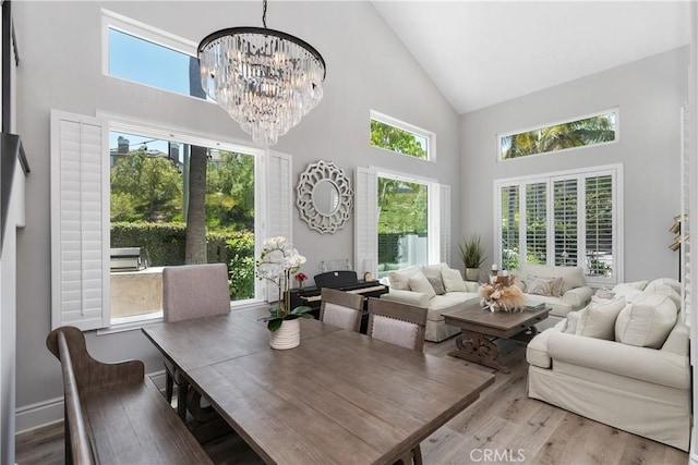 34 Key Largo, Aliso Viejo, CA 92656 - dining area with high vaulted ceiling, wood finished floors, and a chandelier