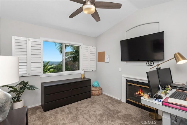34 Key Largo, Aliso Viejo, CA 92656 - carpeted home office with lofted ceiling, ceiling fan, and a glass covered fireplace