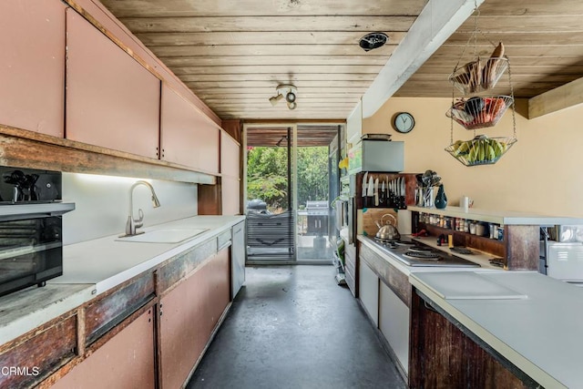 1412 Ellsworth Ct, Thousand Oaks, CA 91360 - kitchen featuring wood ceiling, concrete floors, light countertops, electric stovetop, and stainless steel dishwasher