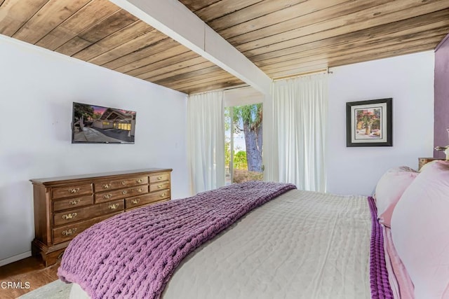 1412 Ellsworth Ct, Thousand Oaks, CA 91360 - bedroom with a wood ceiling with exposed beams, access to exterior, and wood finished floors